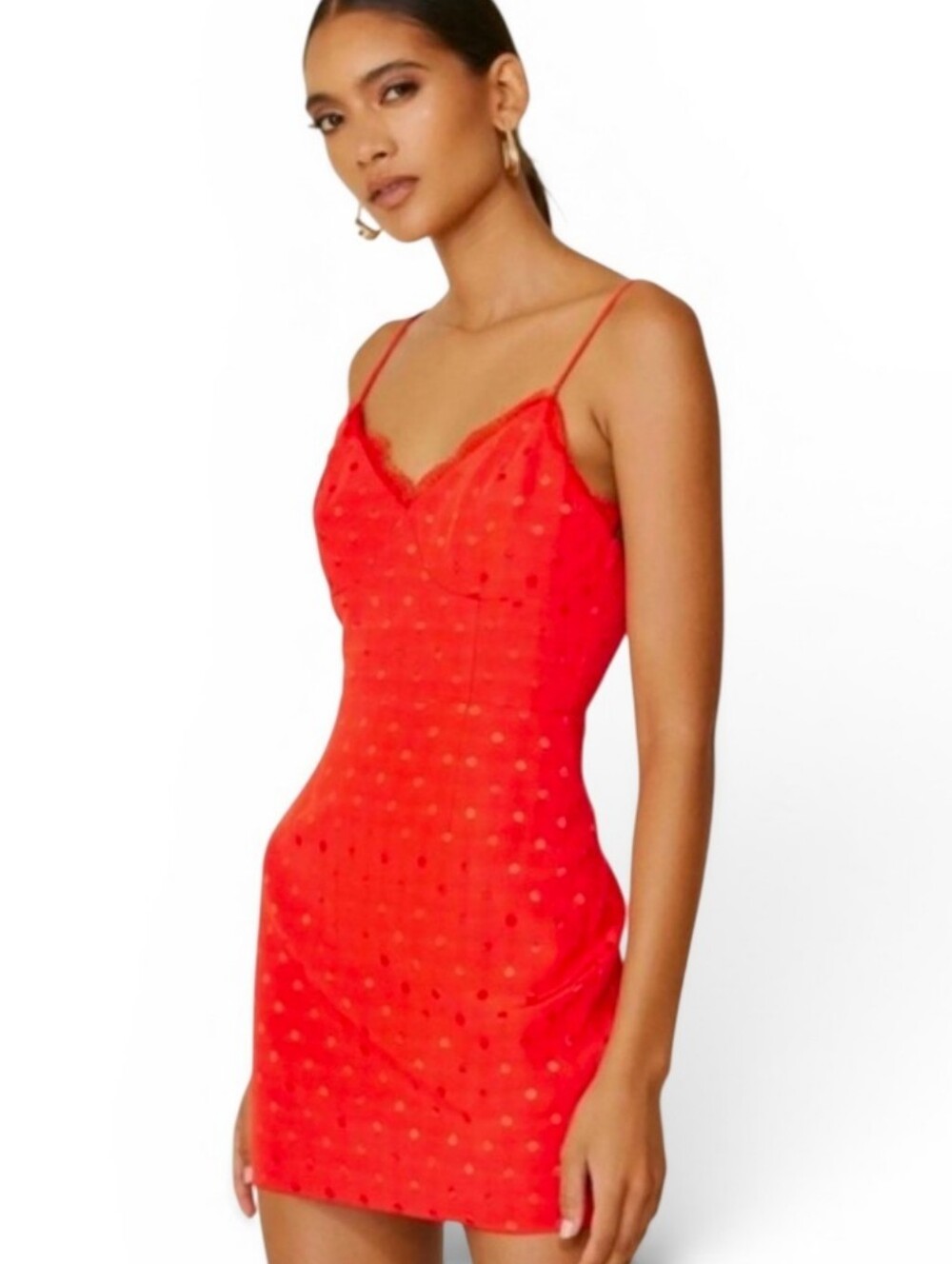 NWT LINE AND DOT Red Polka Dot Lace Trimmed Open Back Mini Slip Dress - Medium